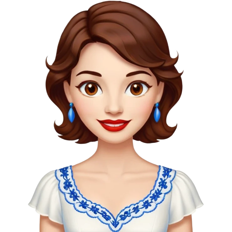 Professional woman at 40 with bright complexion, round face, big lively light brown eyes, wide friendly smile, vibrant red lips, voluminous wavy dark brown hair to shoulders, white summery dress with blue embroidery and electric blue neckline emoji