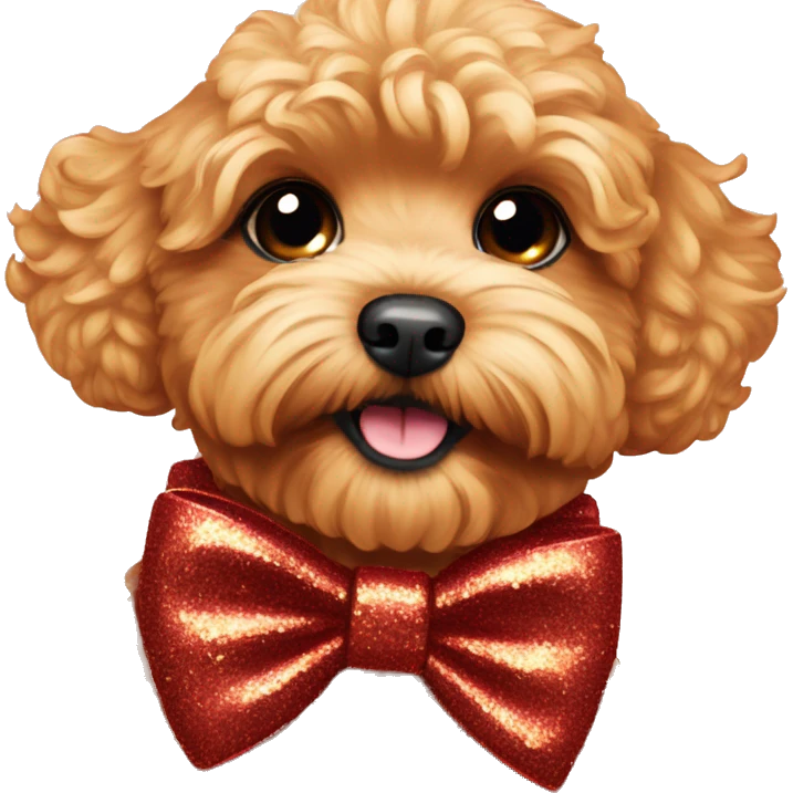 Red maltipoo with gold glitter bow around his neck emoji