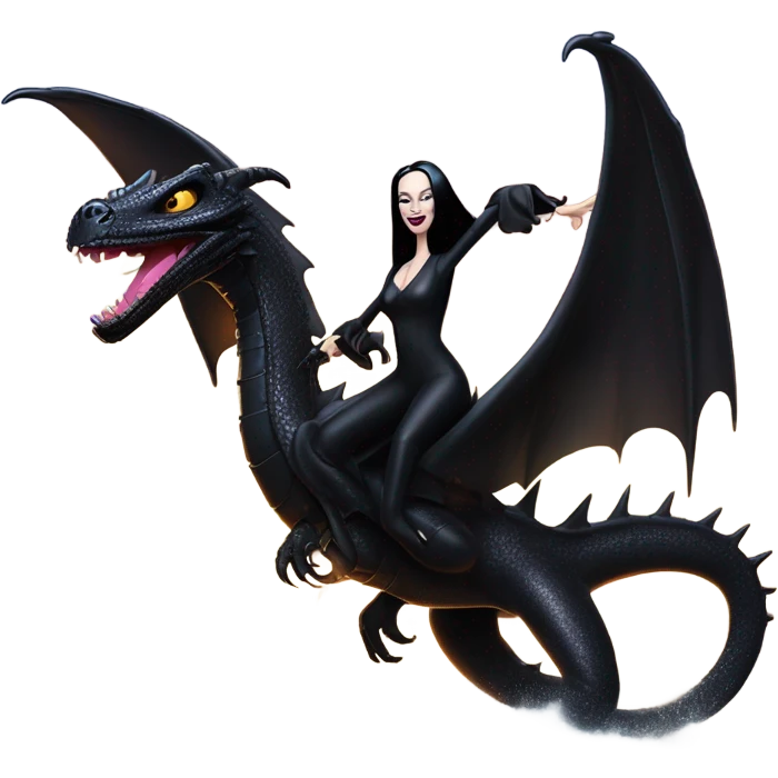  beautifully dressed teen Morticia Addams beach Barbie Jedi flying on the back of a very large black shiny evil-looking fire-spewing dragon. proper scale emoji