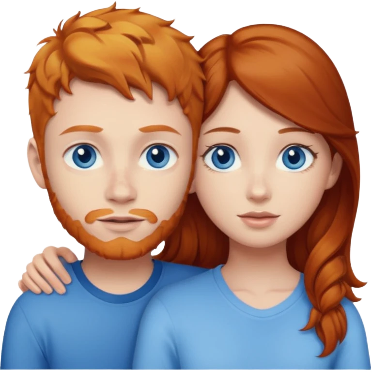 Ginger boy without beard hugging brunette girl. Both have blue eyes.  emoji