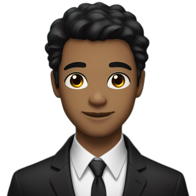 young man with black hair and black eyes and a black suit and hair and A dimple in his cheek  to the left emoji