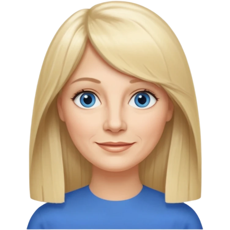 50 yr old white woman, curtain bangs, very long straight blond hair, oval face, small smile, blue eyes, thin face, hair downback, middle part round cheeks, pale, longer hair emoji
