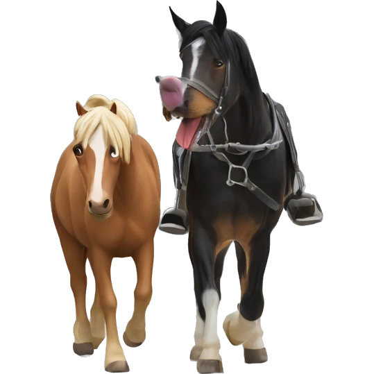 A horse and a dog on one photo, walking in the trees in winter time with fun  emoji