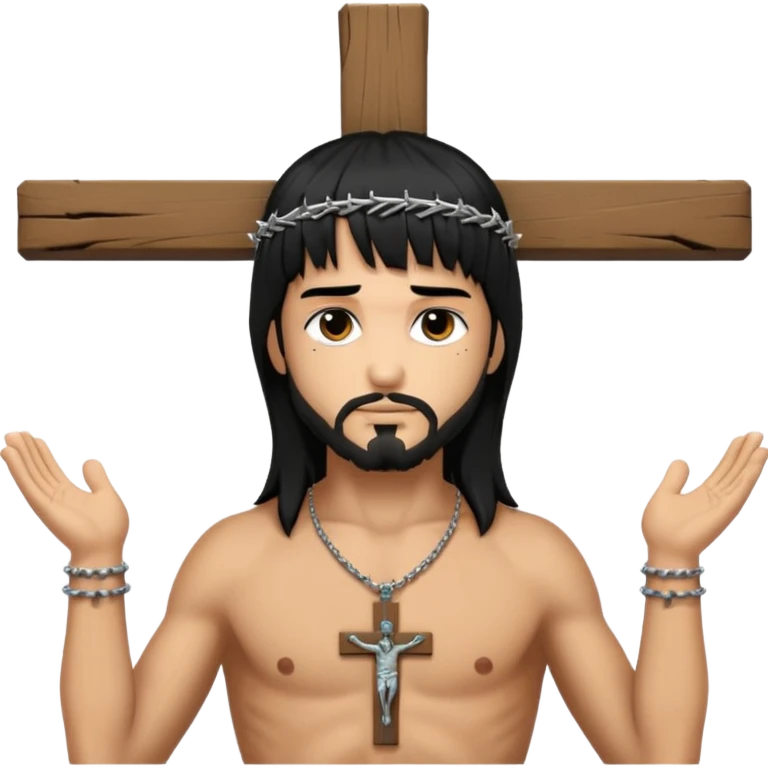 jesus-body-on-the-cross, man, crucifix, black hair, punk hair, punk bangs emoji