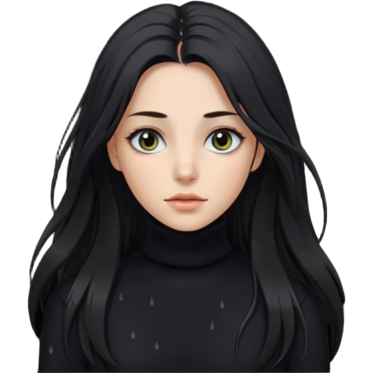 Mujer pelo oscuro y muy largo con unos mechones saliendo ojos oscuros y muy atractiva y con jersey de invierno de cuello vuelto emoji