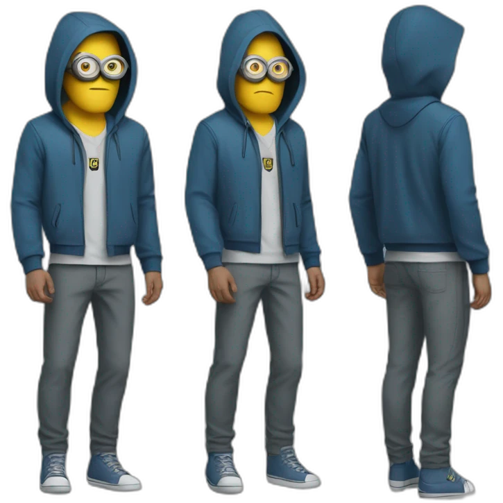minion blue hood blue shirt gray pants with gold insert belt leather shoes black mask three stripes claw marks glasses angry glance emoji