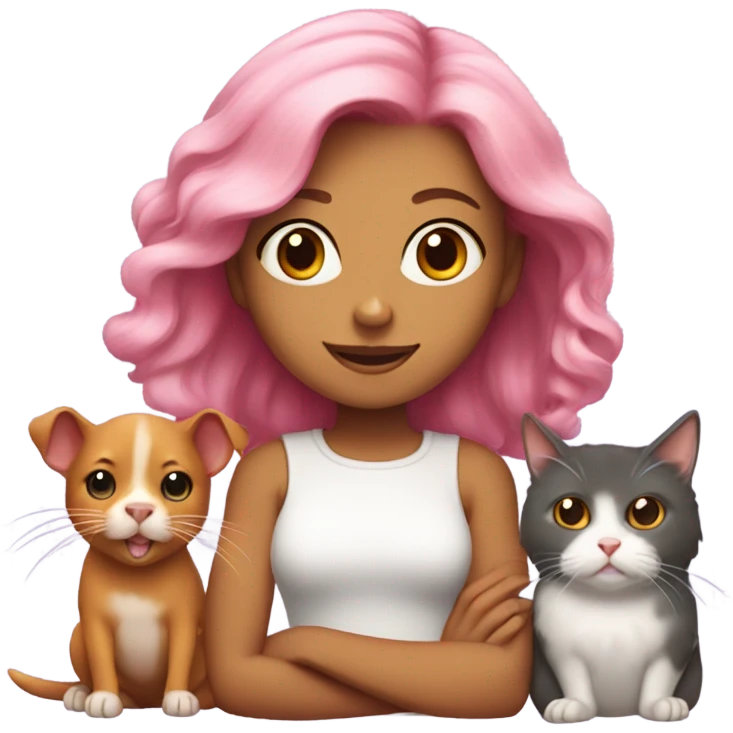 Animal lover girl, dog plus cat tan skin pink hair hamster, rats emoji