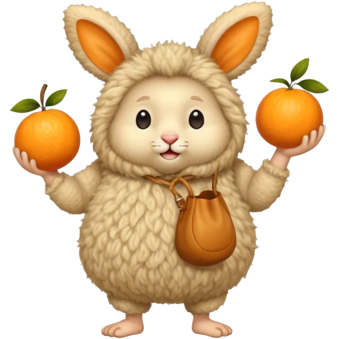 Смешной зверёк, сделанный из шерсти, с большими круглыми глазами, большими мохнаиыми ушами, пузатенький, на кривых волосатых ножках, в волосатых ручках авоська с апельсинами. emoji