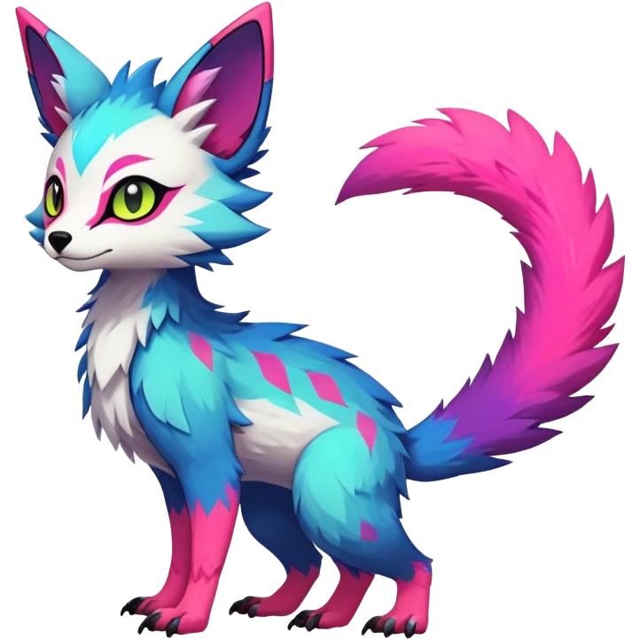 Rare realistic exotic edgy epic cute neon colorful lush vibrant pretty beautiful handsome gorgeous aesthetic colorful vibrant Vernid-Trico-species-Fakemon-creature by LiLaiRa, 4 legs, 1 tail, random markings, (full body) emoji