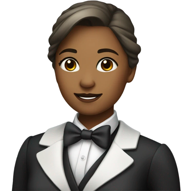 a female butler with a professional and elegant demeanor. She has her hair neatly tied in a ponytail and wears a classic butler uniform, including a tailored vest, crisp white shirt, and bow tie. emoji