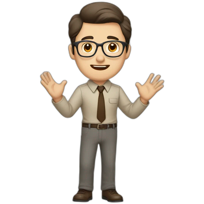 To belt Actively gesturing with hands Pale skinned fit man teacher with dark brown hair in gray jacket, beige office shirt, brown tie, brown pants and vintage glasses. emoji