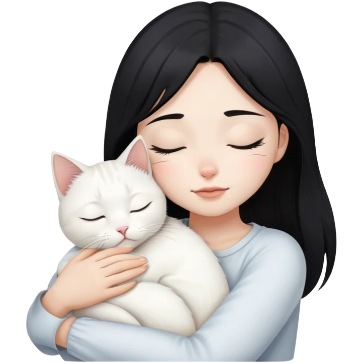 a black hair closing eyes girl hugs one white jinjila cat,the cat’s eyes are open emoji