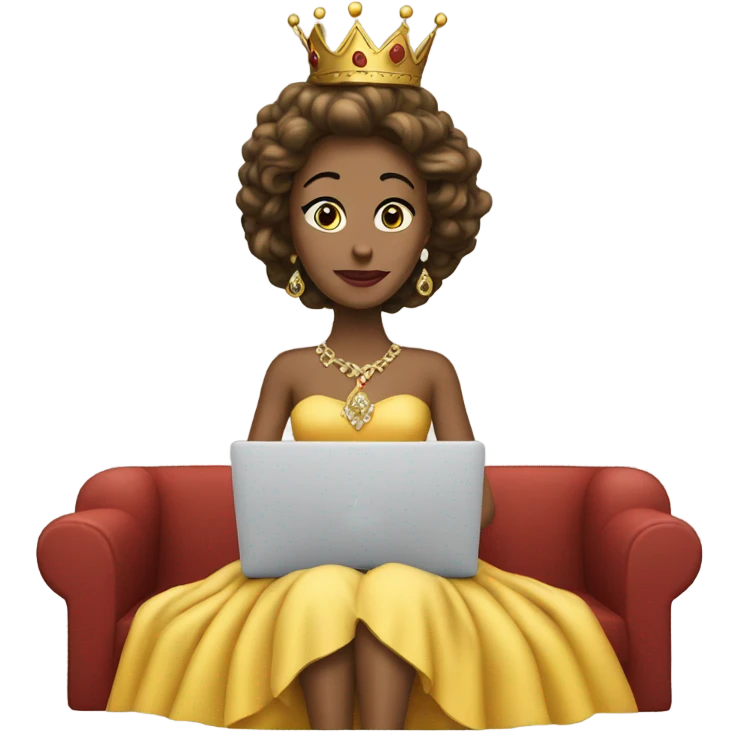 queen seating looking forward on a mac laptop and show her dress emoji