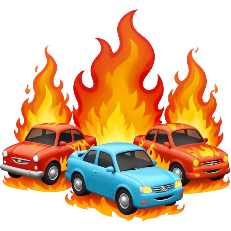 A 3D cartoon scene of cars on fire with smoke rising, chaotic atmosphere, realistic lighting, Memoji-style. emoji