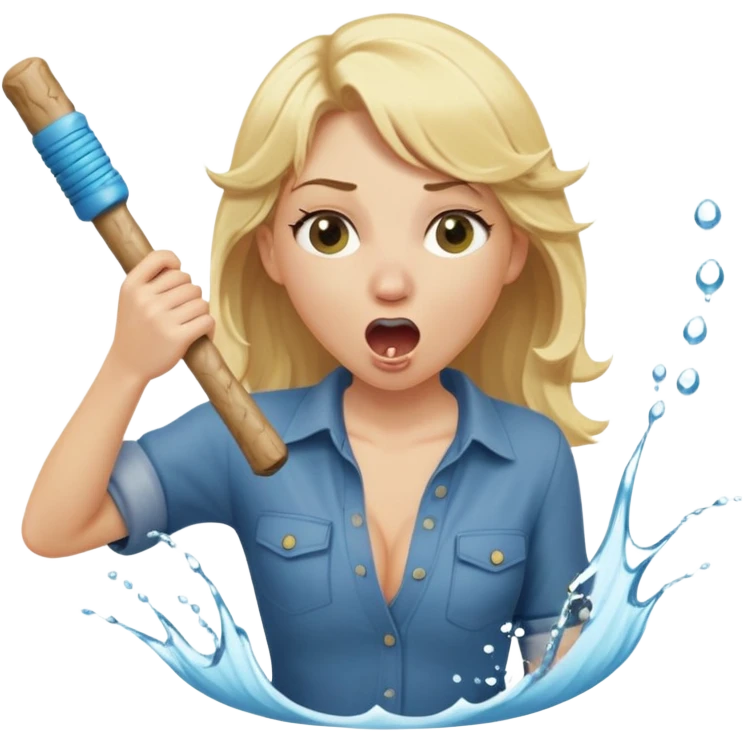 blond woman biting a wide stick with a D-shaped knob, both the same color as her skin, the knob has visible skin texture, the stick coming out of a pair of pants hanging nearby, water jet shooting from the flat side of the knob into her mouth, surprised look emoji