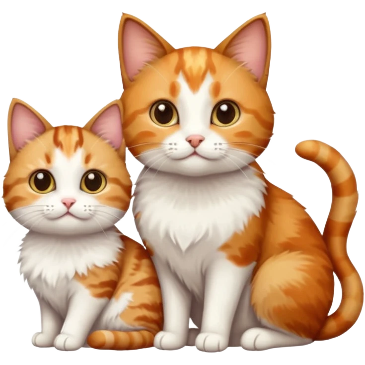 3 different coloured small cats including a dark brown tabby and white, and a patchy calico, and a ginger and white emoji