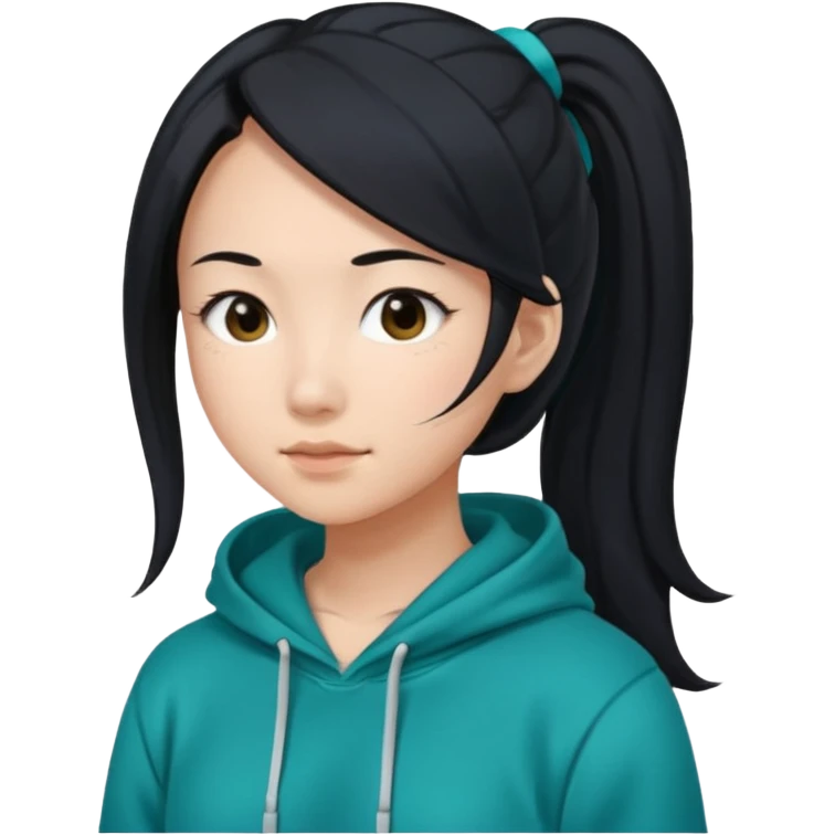 generate an asian female with long black hair in a ponytail and a teal hoodie emoji
