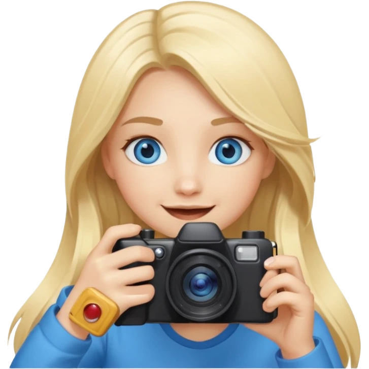  blue eyes blonde girl photographer cartoon taking picture in middle of taking picture camera in front of face long hair smiling funny flash professional, camera in front of face emoji