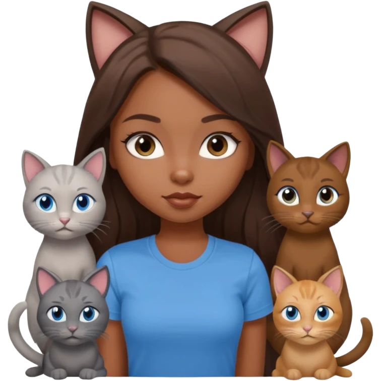 a pretty bratz dusky girl with long brown hair, blue eyes with six cats nd wearing a grey tshirt emoji