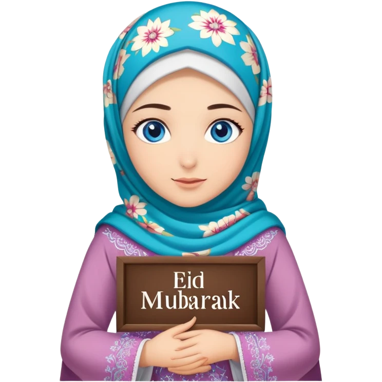 Turkish beautiful finish Konya girl blue eyes with floral hijab dress islamic dress and had on her hand text Eid Mubarak  emoji