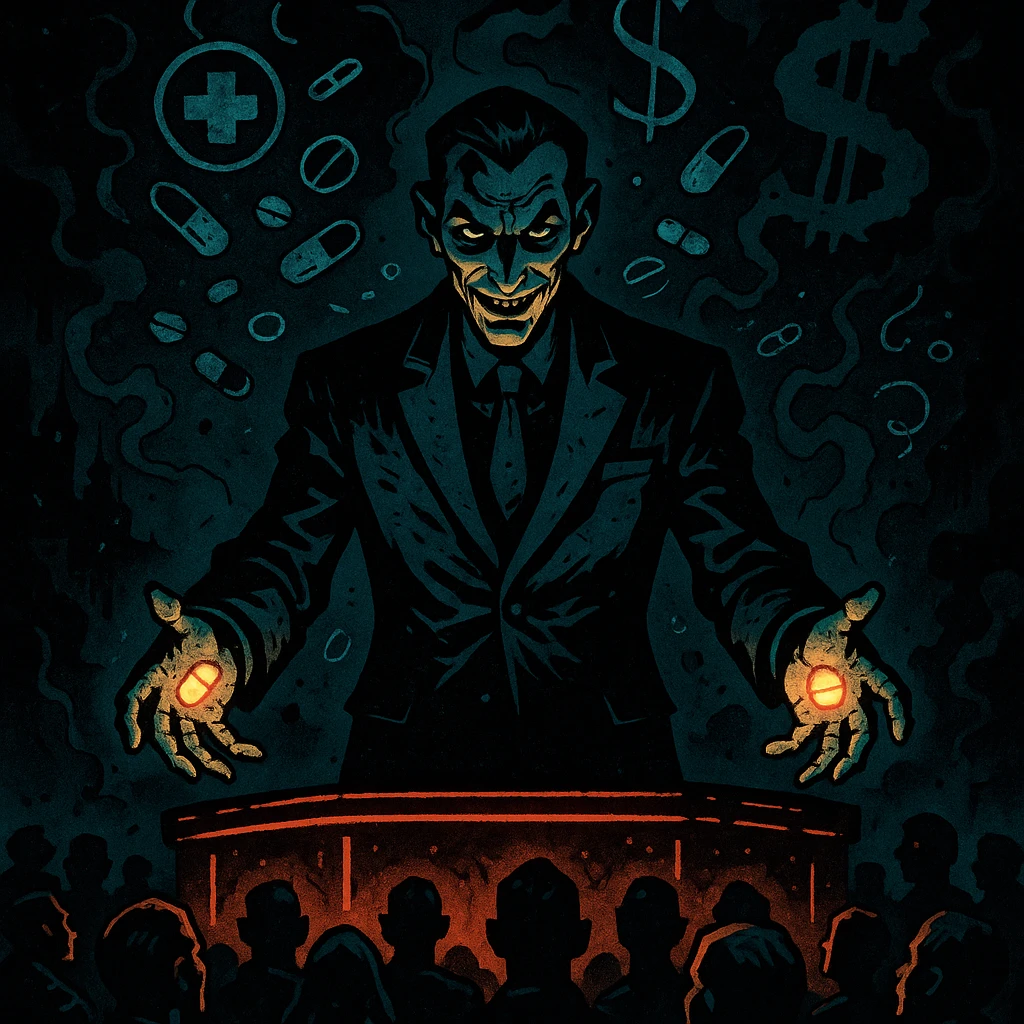 A sinister charismatic man in a tailored suit hypnotizing a crowd with glowing pills in his hands, swirling pharmaceutical symbols in the air, dark smoke forming dollar signs, gothic atmosphere, neon-lit stage, cinematic lighting, hyper-detailed, in the style of Mike Mignola meets cyber-noir. emoji