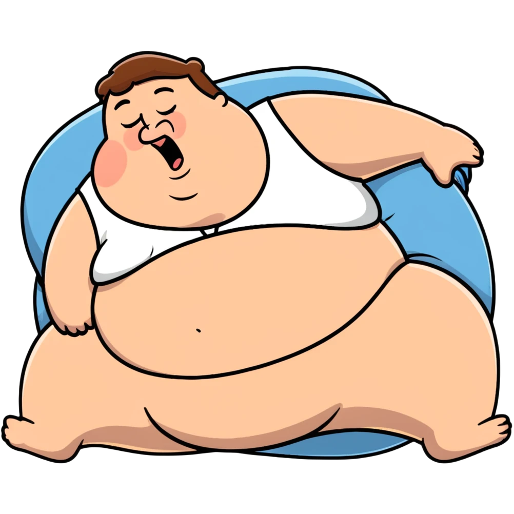 Peter Griffin from Family Guy with a huge pregnant belly, laying down on his back, sweating, exhausted expression, wearing his signature outfit emoji