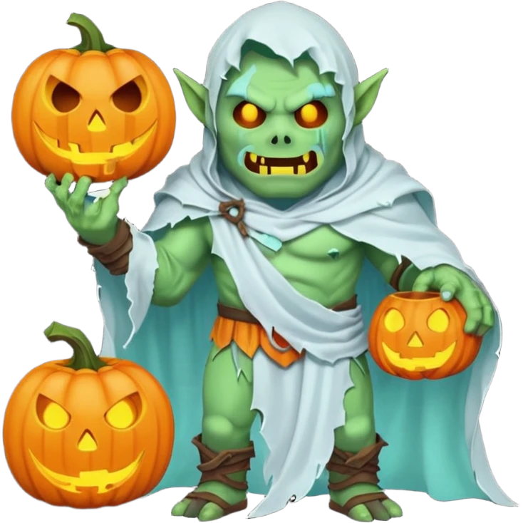 male orc warrior ghost emoji, green skin, tusks, wearing torn white ghost sheet costume, holding glowing jack-o'-lantern, faint blue aura, friendly but spooky expression, Halloween fantasy theme, Apple emoji style, clean white background, square emoji