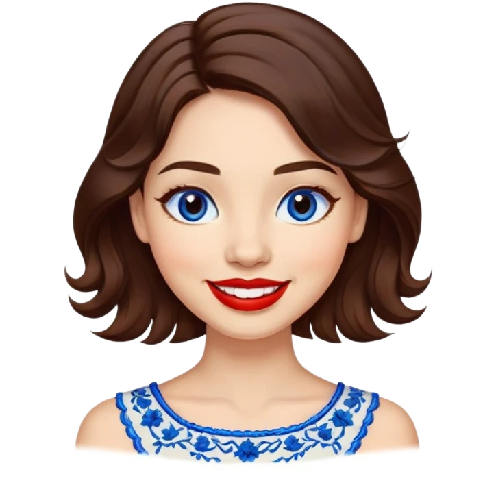 Cheerful woman with clear skin, round face, wide friendly smile, big light brown eyes, vibrant red lipstick, shoulder-length wavy dark brown hair, white top with blue embroidery and electric blue neckline emoji