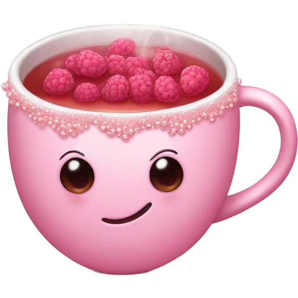soft pink mug filled with steaming hot raspberry tea, decorated with blush pink pearl and sparkly embellishments (aesthetic, cute) emoji