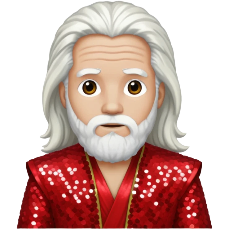 Moses from The Bible with long white hair, red sequin outfit emoji