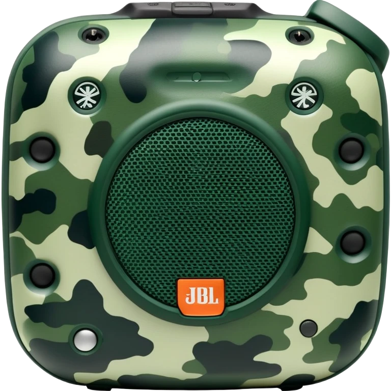 Simple JBL Clip 4 speaker with forest green camouflage pattern, light and dark green spots, iOS emoji style emoji