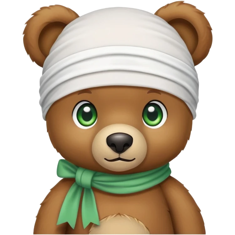Cute brown teddy bear with innocent green eyes wearing a white wave durag perfectly tied, iOS emoji style emoji