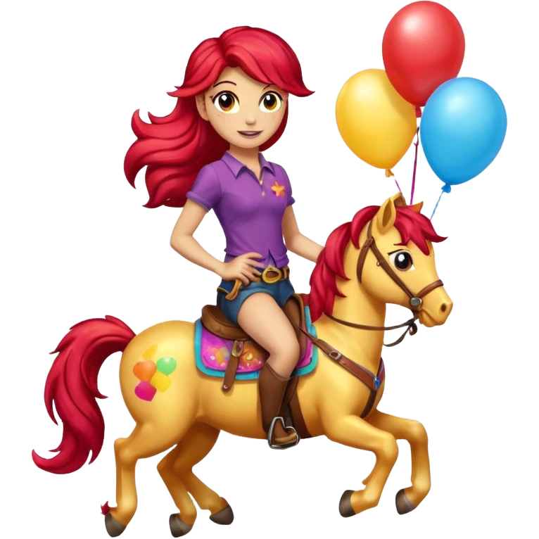 sunset shimmer mlp holding colorful balloons tied to its saddle, looking cheerful. emoji