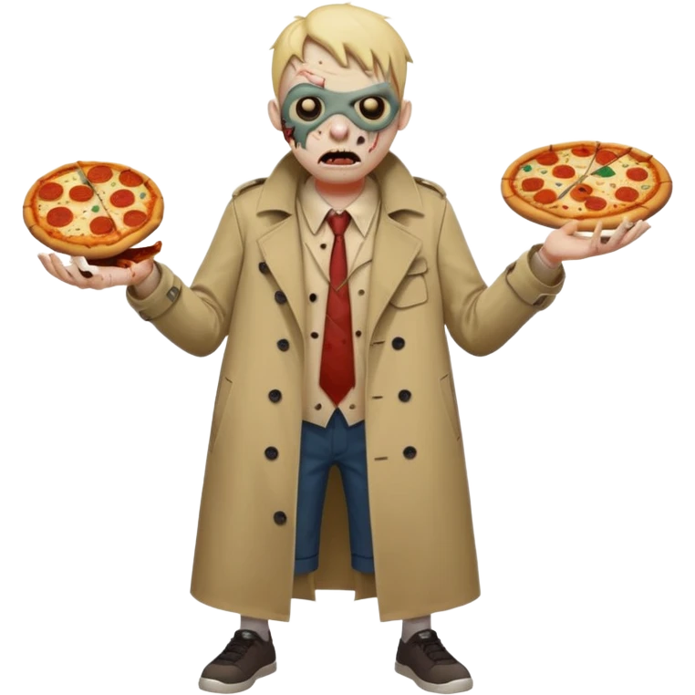 a glitch abomination with hands for a head, a baskeball stomach, pizza eyes, eyepatch, and zombie wounds, wearing trench coat emoji