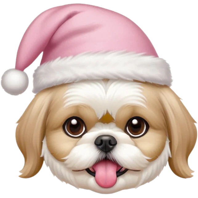 one white all over little shih tzu dog with tongue hanging out sitting with light pink christmas hat emoji