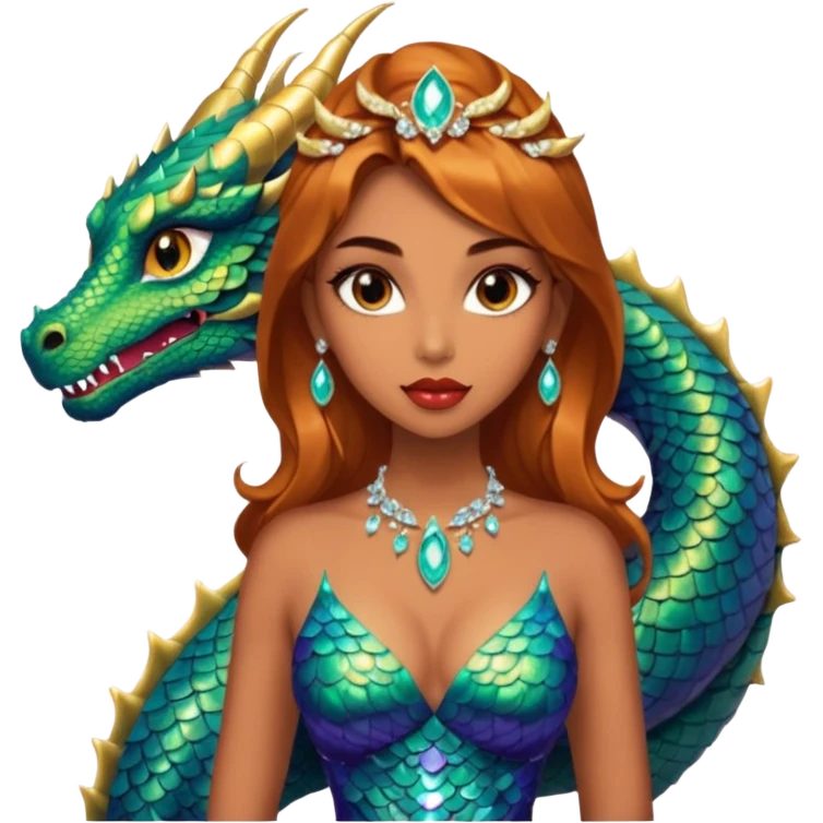 A gorgeous woman with dragon featured with glittering jeweled scales covering her body. She has large almond shaped eyes, lush lips, and she wears a stunning luminescent gown. emoji