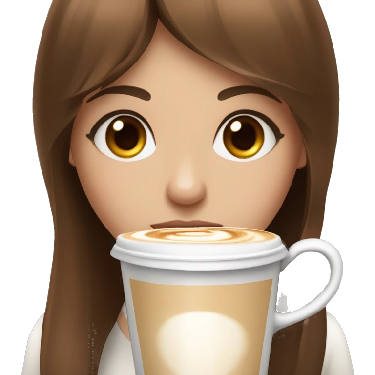Chestnut brown straight haired with bangs girl with hazel eyes and pale skin sipping a latte  emoji