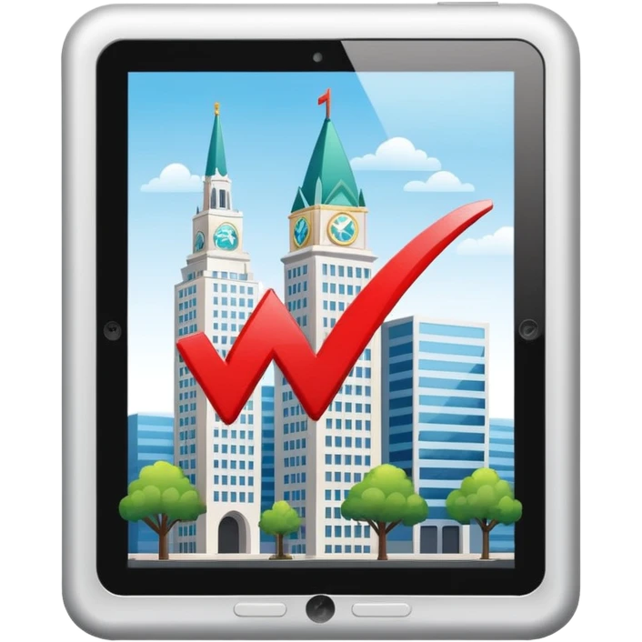 glossy digital tablet with check mark and city hall symbol, clean look emoji