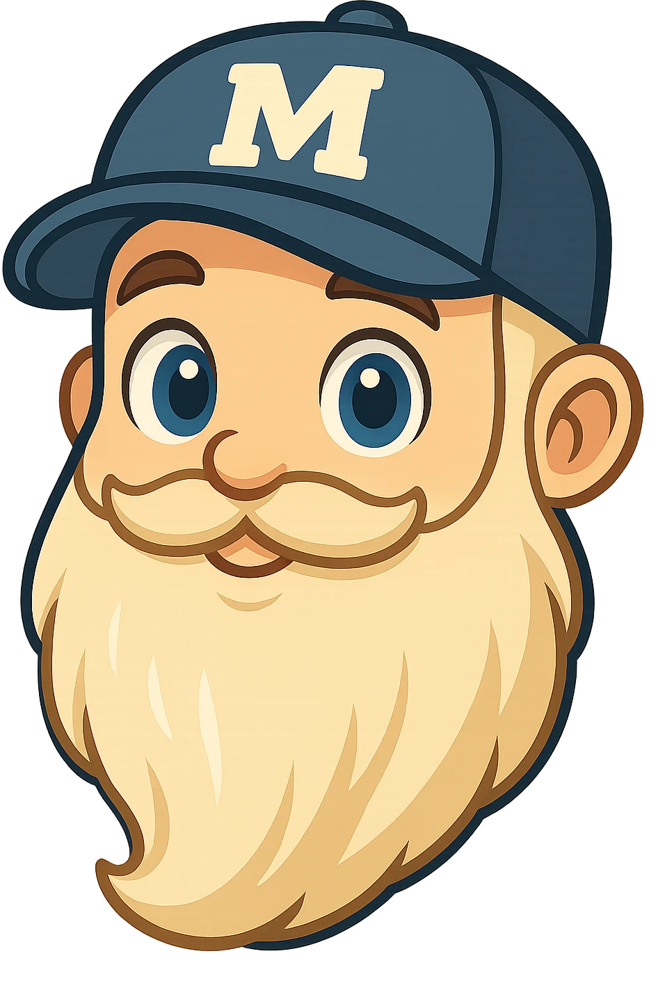 Edit the emoji to have blue eyes, keep the baseball cap with the letter M, long beard, in YouTube chat emoji style with transparent background. emoji