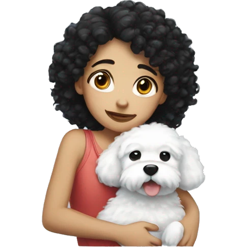 A girl with black curly hair hugging a white fluffy dog  emoji