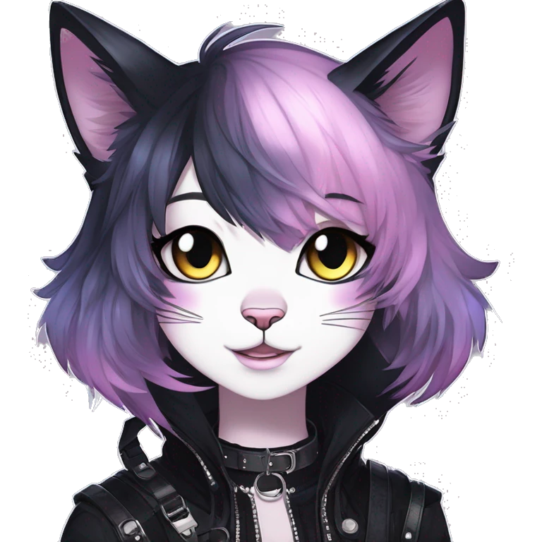 Gorgeous sparkly shiny epic magical gradient gothic dark techwear anime style anthro cat with blushing face aesthetic and pretty edgy black with collar and harness trending style emoji