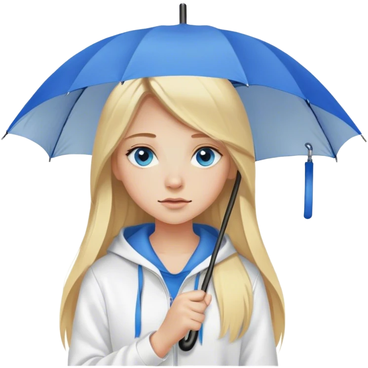 Cinematic realistic emojis in the form of a blonde girl with long hair, blue eyes, wearing a white hoodie, holding an umbrella over her emoji