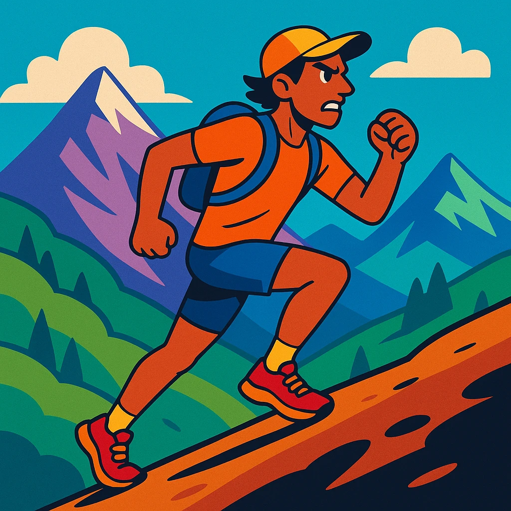 mountain trail runner, vibrant toon style, running uphill, determined expression, mountain landscape emoji