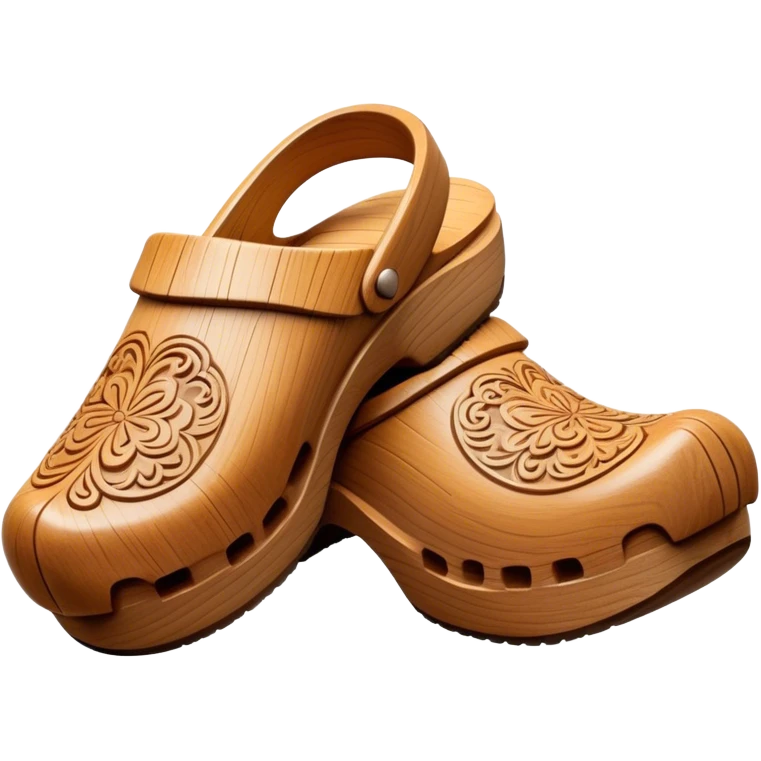 Cinematic Realistic Wooden Clogs Emoji, depicted as a pair of traditionally carved wooden clogs with intricate details and rustic charm. emoji
