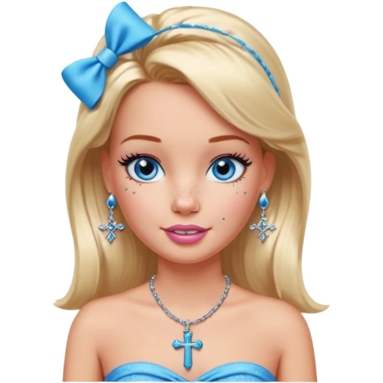 Barbie emoji with earrings and nose piercings and a cross necklace and blue eyes with bow in hair and tube top and long lashes with freckles  emoji