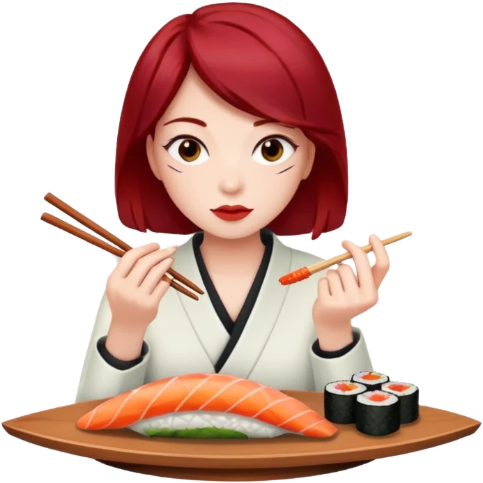 This girl with dark red hair eating sushi emoji
