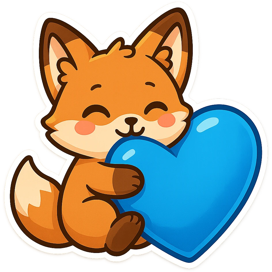 a fox hugging a stunning blue heart, vibrant and cute emoji