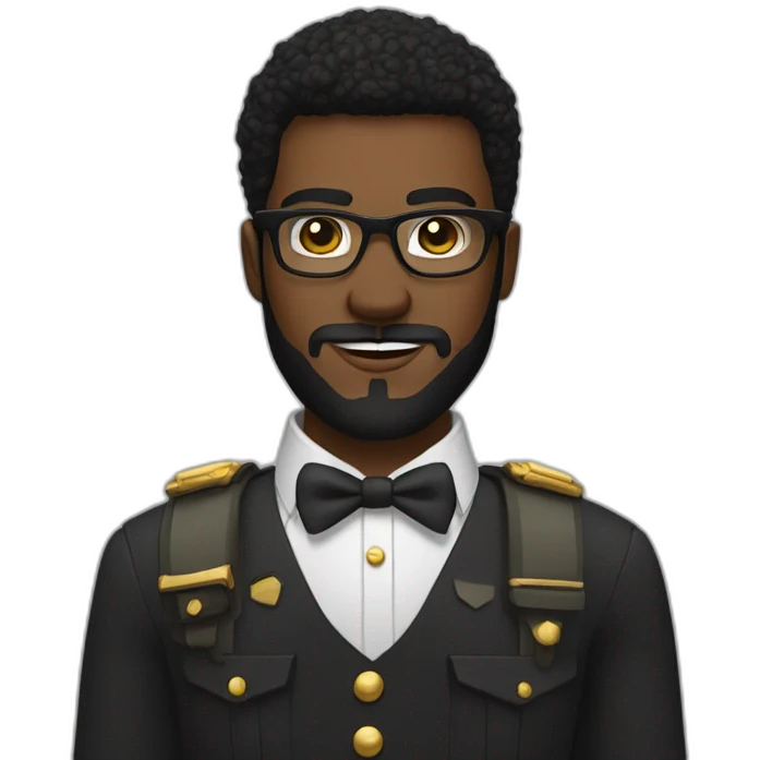 black soldier with beard, part in black hair, white collared shirt, bow tie, gold frame glasses, bulletproof vest  emoji