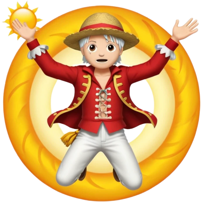 the king of the pirates (luffy) with white hair and clothes jumping in front of the sun emoji