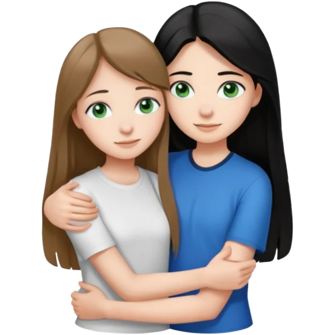 una ragazza dall‘ età di 19 anni con capelli castani chiaro lunghi e lisci ,  occhi blu  ,  e una ragazza di 17 anni capelli neri occhi verdi che si abbracciano e con una maglia bianca o nera  emoji